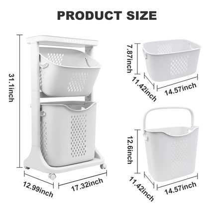2/4 Tier Laundry Basket Cart Removable Storage Buckets Plastic Hamper with 4 Wheels White
